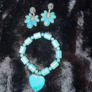Faux Turquoise Jewelry Set with Heart Bracelet and Earrings